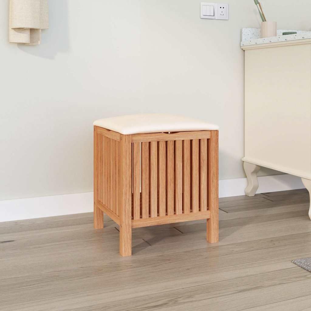 Taburete de baño con cesta de lavado, madera maciza de nogal, 40,5 x 40 x