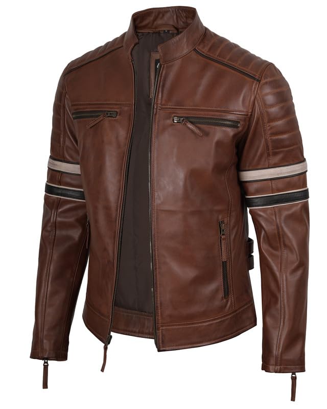 Image of Blingsoul Stylish Black & Brown Cafe Racer Leather Jacket For Men - Real Lambskin Leather Motorcycle Jacket Mens