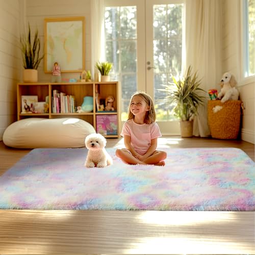 Rainbow Rug for Girls Bedroom: Fuzzy Rugs for Kids Room