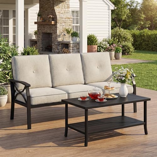 Image of FansaFurn 3 Seats Outdoor Patio Furniture Set, Outdoor Metal Sectional Furniture with Cushions, Outdoor Conversation Set with Coffee Table for Deck, Balcony, Backyard, Garden, Black