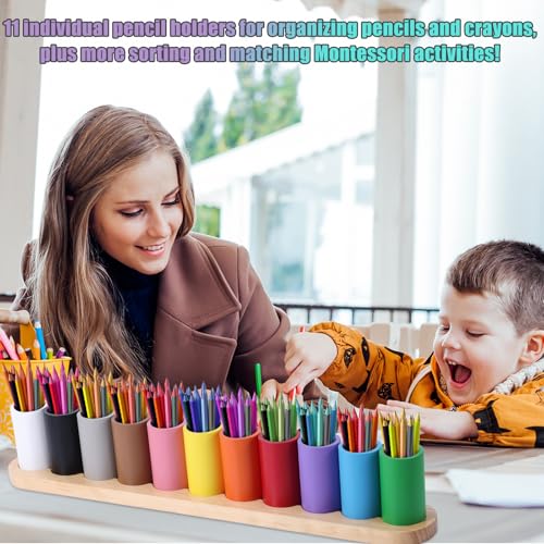 Diegimr Buntstifthalter aus Holz, Montessori-Buntstift-Organizer 11 bewegliche Fächer Stiftebecherhalter Buntstift-Aufbewahrungsorganizer Markerhalter für Kinder Schreibtisch Büro Zuhause Schulbedarf