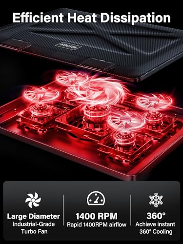 Kootek Laptop Cooling Pad, Laptop Cooler with 5 Quiet Fans for 12"-17" Computer PC Notebook Gaming Laptop Fan, Height Adjustable Laptop Cooling Stand Laptop Accessories, Red - Image 3