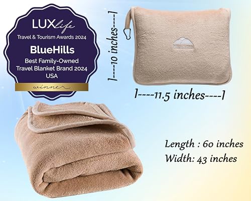 Image of BlueHills 2-Pack Premium Soft Plush Travel Blanket Pillow Airplane Essentials for Two in Bag with Hand Luggage Strap and Backpack Clip Compact Flight Traveling Accessories Plane Blankets Beige T205