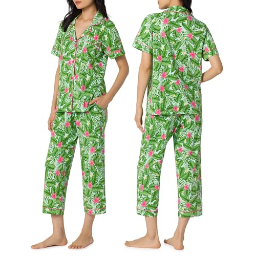 Image of Bed Head PJs Organic Cotton Short Sleeve Cropped Pajamas for Women Set | Womens Pajama Sets Matching 2 Piece Button Down PJ Shirt & Capri Pants with Pockets- Soft Cozy Jersey Sleepwear & Loungewear