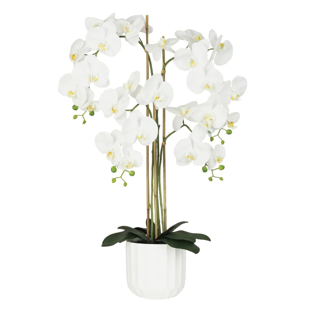 Ligne Déco - Orchidée Artificielle 100cm | Pot Plastique Blanc Intérieur Imitation Terre