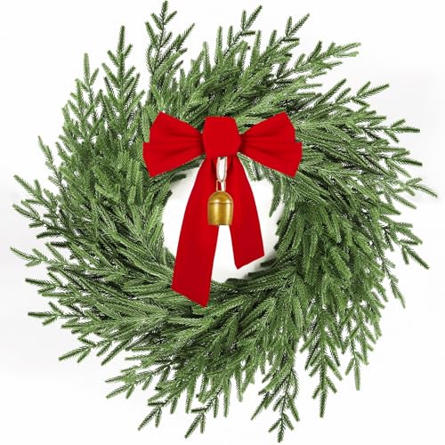 Image of 26 inch Christmas Wreath for Front Door, Artificial Wreath with Bow and Bell,Real Touch Pine Winter Wreath Christmas Decoration for Porch,Window,Wall,Thanksgiving Day Harvest Festival