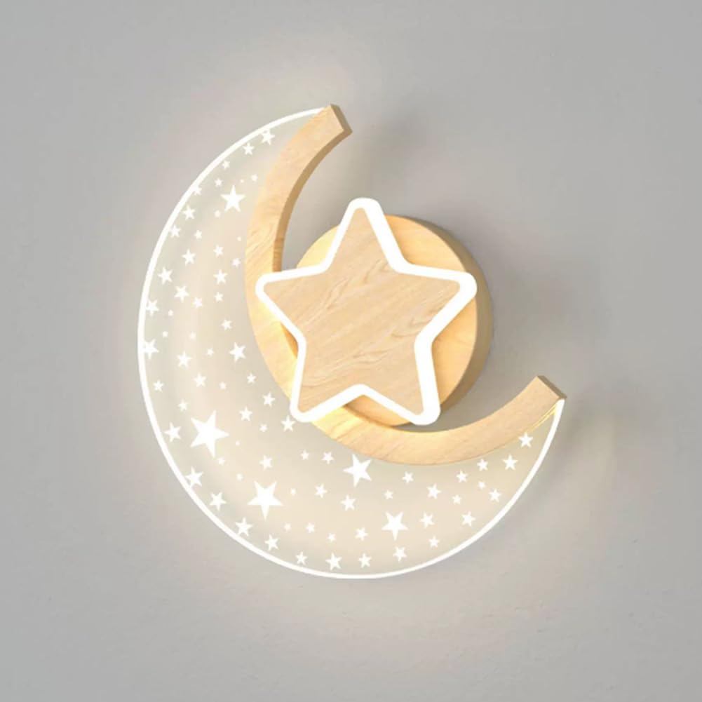 LOGT Moon Wall Lamp 10W Indoor LED Children's Room Wall Light Star and Moon Design Wood-Effect Bedside Lamp 3 Colour Temperatures 3000K/4500K/6000K Boys' and Girls' Children's Light Decorative