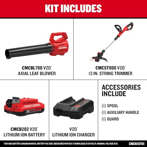 Image of CRAFTSMAN V20 Weed Wacker and Leaf Blower Cordless Combo Kit, Includes 2.0 Ah Battery and Charger, 13 in. String Trimmer and Edger, 90 Mph Blower (CMCK197D1)