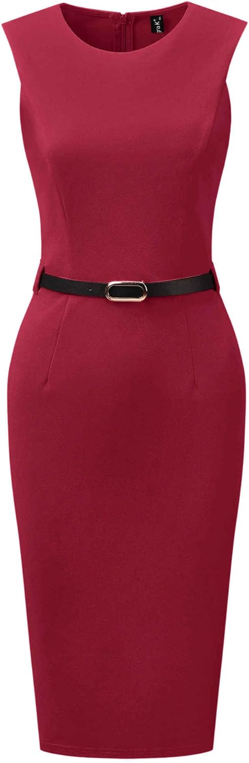 Allegra K Work Dress for Women's Sleeveless Office Round Neck Belted Business Pencil Dresses