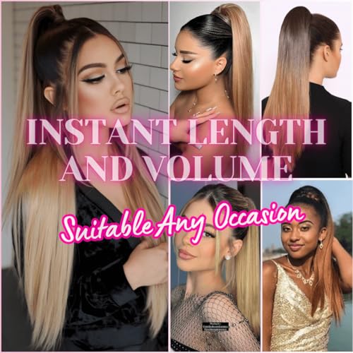VAVANGA Brown Ombre YAKI Straight Ponytail Drawstring - 30inch Long Kinky Straight Ponytail Clip-in Thick Fake Pony Tail Hair Piece for Black Women - R2T27# — view 5