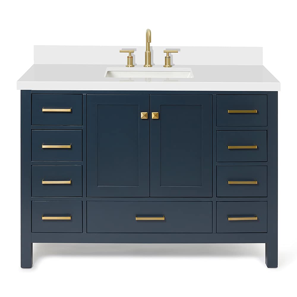 ARIEL 49" Midnight Blue Bathroom Vanity with 1.5" Edge Pure White Quartz Countertop & Backsplash, Center Rectangular Sink, 2 Soft Closing Doors, 9 Full Extension Dovetail Drawers, Satin Brass