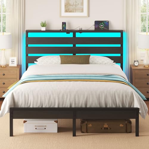 Image of Rolanstar Bed Frame Queen Size with USB Charging Station, LED Bed Frame with Wood Storage Headboard, Black Metal Platform Bed with Under Bed Storage, No Box Spring Needed, Noise Free