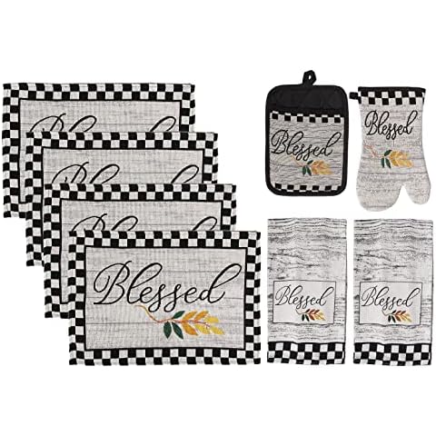 Blessed Buffalo Plaid Kitchen Towels Set with 4 Fabric Placemats 1 Oven Mitt 1 Pot Holder 2 White Black Dish Towels Blessed Kitchen Gift Set 8 Pieces Cover