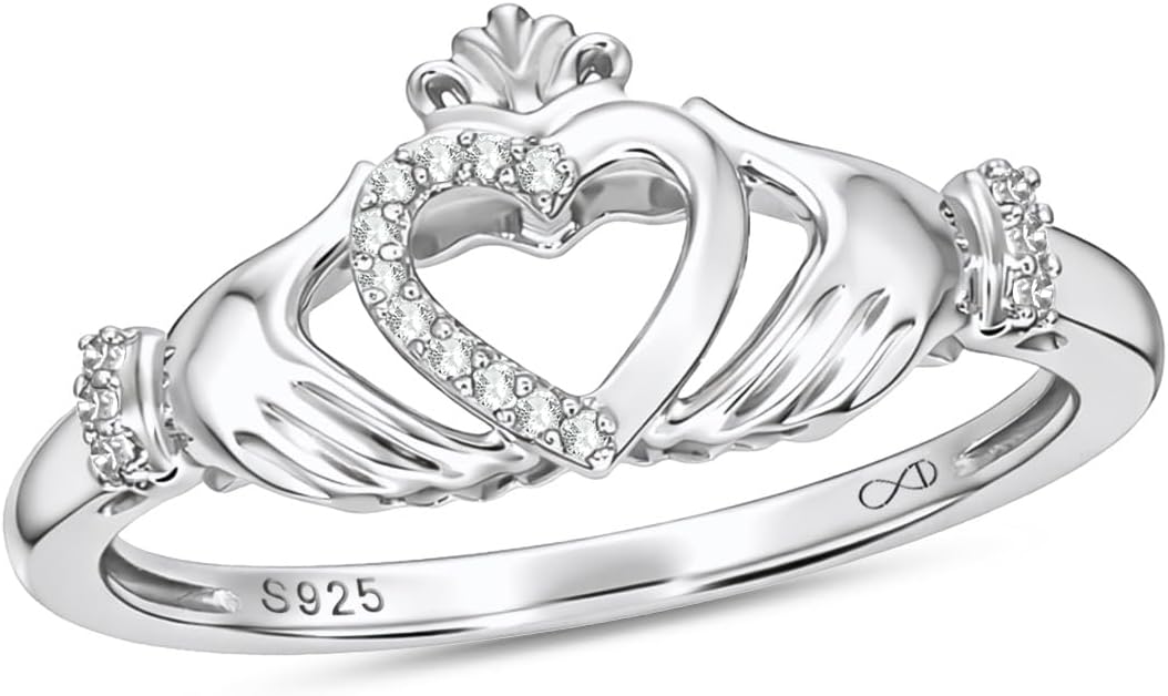 Cali Trove 1/20 CT Natural Diamond Claddagh Irish Ring for Women | Gold Vermeil 925 Sterling Silver Diamond Accent Wedding & Anniversary Ring | Jewelry Gift for Her in White Yellow or Pink Gold