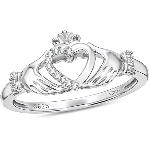 Cali Trove 1/20 CT Natural Diamond Claddagh Irish Ring for Women | Gold Vermeil 925 Sterling Silver Diamond Accent Wedding & Anniversary Ring | Jewelry Gift for Her in White Yellow or Pink Gold