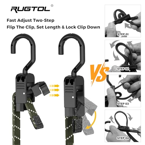 Image of Rugtol Bungee Cords with Hooks, 48 Inch Long Adjustable Flat Bungee Straps with Upgraded Quick Release Buckle, Black Green Easy Adjust Elastic Cords with Metal Hooks for Bike, Outdoor, Tarp, 6 Pack