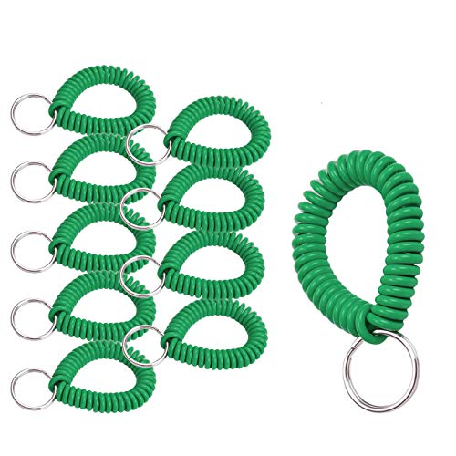 Lucky Line 2” Diameter Spiral Wrist Coil with Steel Key Ring, Flexible Wrist Band Key Chain Bracelet, Stretches to 12”, Green 10 PK (41040)