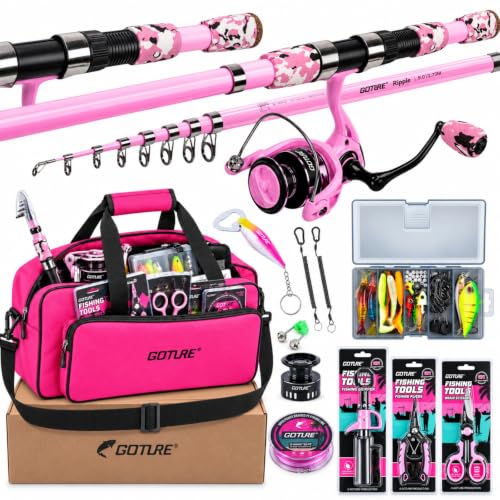 Goture Pink Fishing Rod and Reel Combos,ML Action 9FT Telescopic Fishing Pole Spinning Reel Line Lures Set with Carrier Bag,Telescopic Rod Kit for Starter Travel Saltwater Freshwater Gear Gift