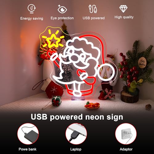 Image of LUCUNSTAR Christmas Neon Sign Dimmable LED Santa Claus raises stars Light up Sign for Bedroom USB Powered Home Party Living Room Cafe Bar Outdoor Wall Decor