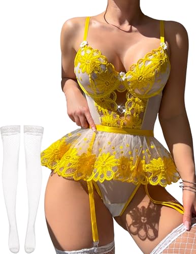 Image of Alrovetoney Women Lingerie Set Naughty Lace Bodysuit High Waisted Underwire Lingerie Babydoll With Garter Belt and Stockings