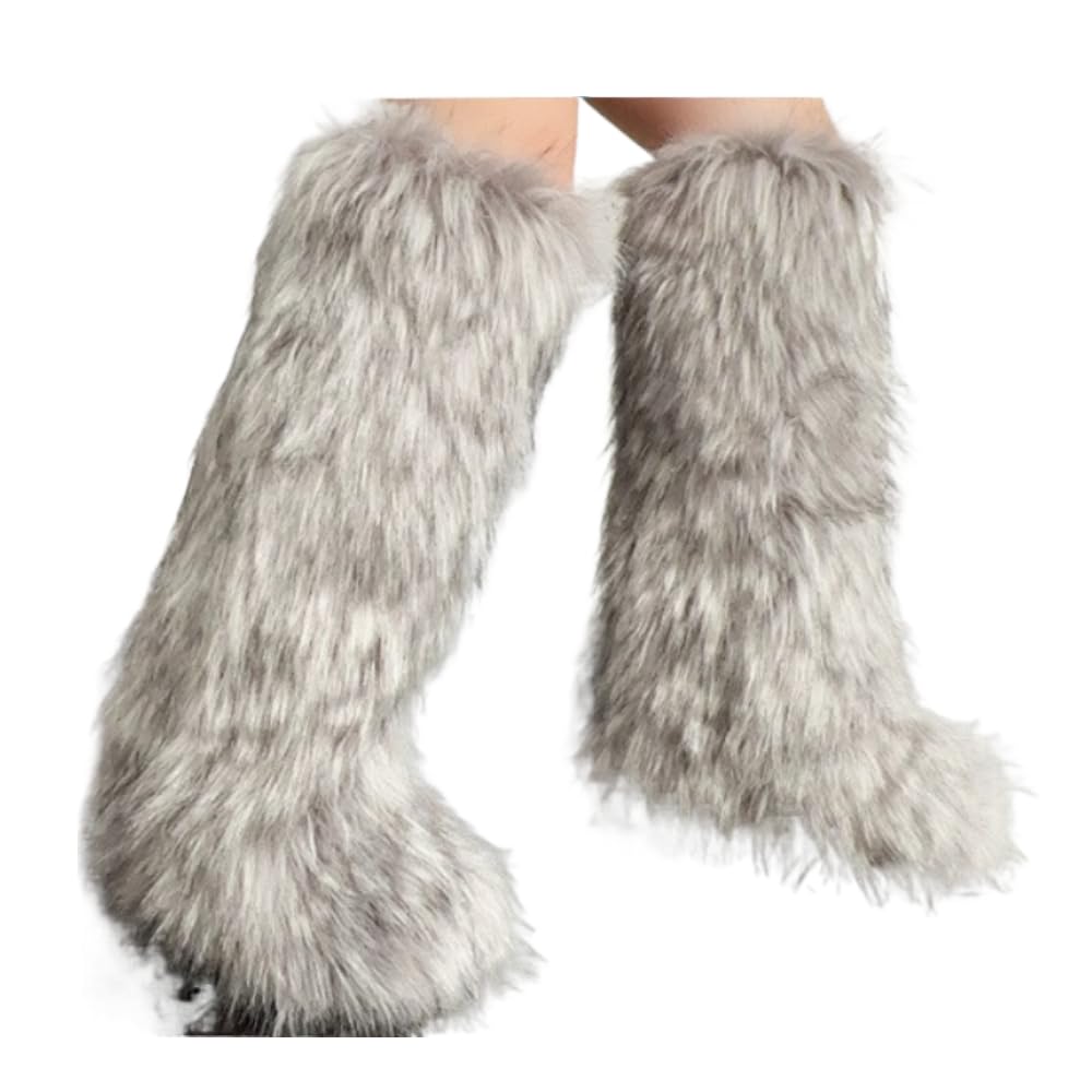 Rave Thigh High Faux Mongolian Fur Boots Y2K for Women Fluffy Fuzzy Snow Winter Boots Over the Knee