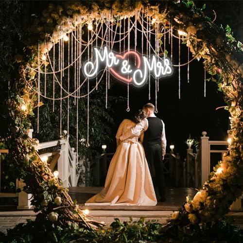 Image of Mr and Mrs Neon Sign for Wedding, Dimmable Mr & Mrs Led Light Up Sign USB Operated for Engagement Party Decorations, Neon Wedding Sign with Heart for Banquet Wall Decor Anniversary Valentines Day Gift