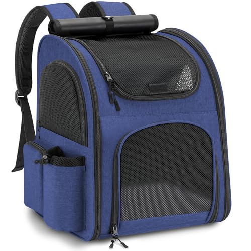 Zaino per Cani Gatti, Grande Zaino Gatto Cane 10 kg, Traspirante Zaino Porta Cane Gatto con Finestra a Rete, Zaino Trasportino Cani Gatto con Guinzaglio Interno e Tappetino per Viaggi - Blu