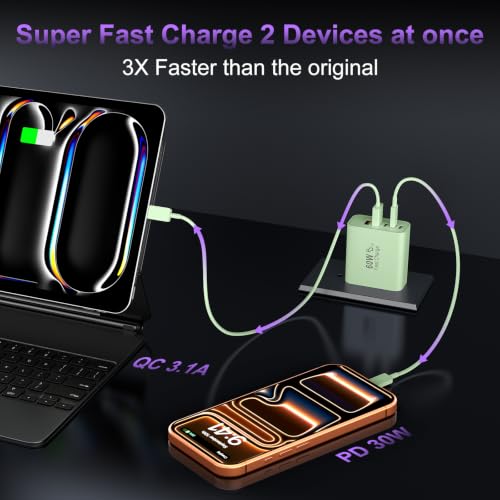 Image of USB C Fast Wall Charger Block, 2Pack 60W USBC Charging Cubes, 5-Port PD+QC Power Adapter Multiport Brick Type C Box Plug for Phone 17 /16 /15 /14 /13 /12 /11 /Pro Max /Plus, Pad Mini /Pro /S25 /S24-Lime Green