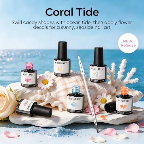 Image of Modelones Gel Nail Polish Set, 6 Colors 2026 Summer Clear Blue Blooming Gel Polish Creamy White Pastel Yellow Pink Orange Nude Jelly Nail Polish W Flower Stickers & Liner Nail Brush LED DIY Gift