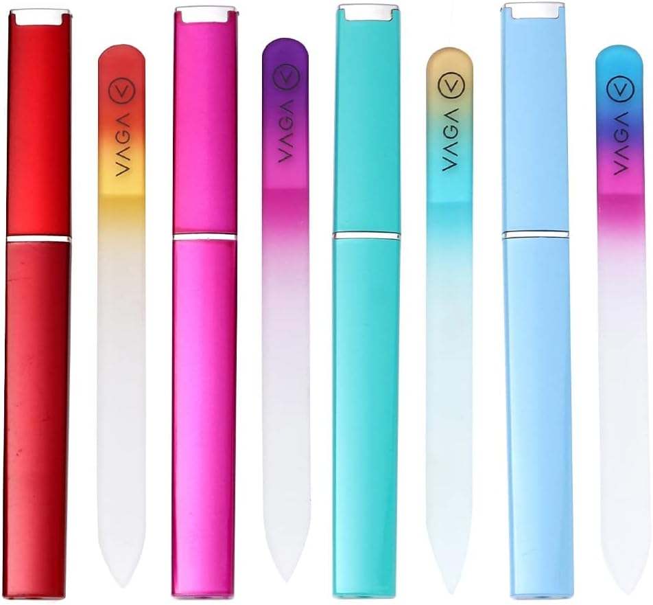 VAGA Glass Nail File with Case 4 Nail Files for Natural Nails and Acrylic Nail Filer, Nail Care Crystal Files and Buffer Fingernail File, Nail Strengthener
