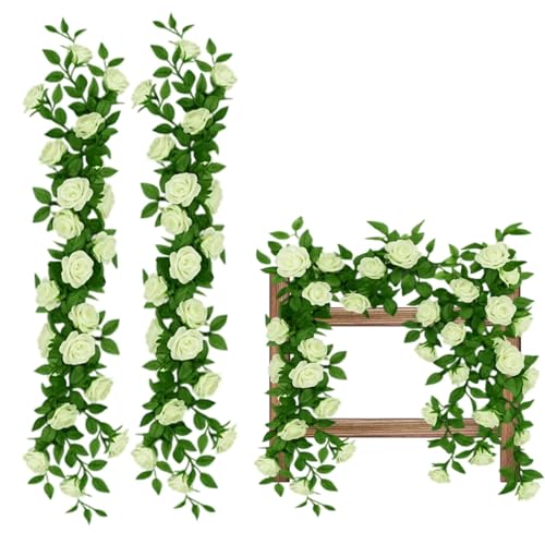 2 Pack White Flower Garland Decoration, Artificial Flower Garland for Wedding, Party, Home, Office Decor, 2.2 Meters Long