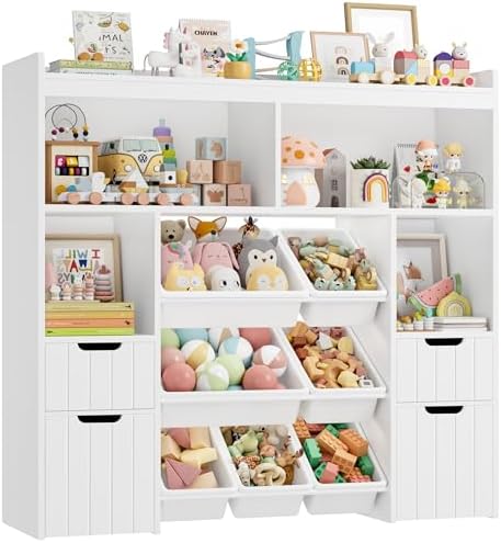 HOCSOK Kinderregal mit 4 Schubladen, Regal Kinderzimmer mit 7 Plastikboxen