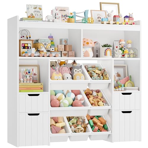 HOCSOK Meuble de Rangement Enfant Rangement Jouet Enfant avec Étagères 3 Tiroirs Roulants Bibliothèque pour Chambre d’Enfant, Blanc, 122x118x30cm