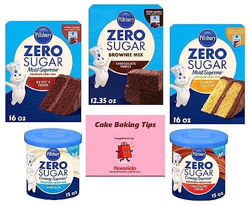 Pillsbury Zero Sugar Dessert Mixes Bundle Includes Sugar Free Brownie, Devil's Food And Yellow Cake Mixes And Vanilla And Chocolate Fudge Frostings Plus Favoricks Cake Baking Tips Card #TOP5