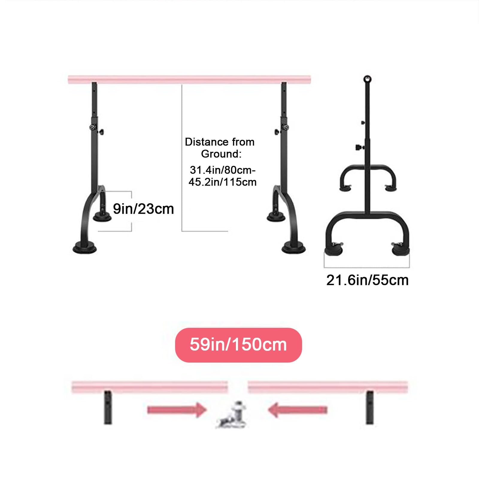 Sbarra Danza, Sbarra Ginnastica Artistica Portatile con Altezza Regolabile di 80-115cm, 4 Potenti Ventose, per Casa, Fitness, Danza Classica