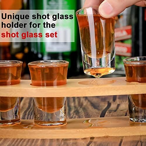Shot Glasses Set of 6 Bulk Fun Shot Glasses and Holder 30ml/1oz Clear Crystal Shot Glass with Tray Serving Board Organizer for Liquor Shots Tequila Whisky Brandy Vodka Rum Cocktails Party
