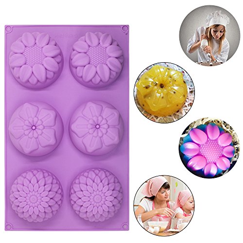 6-Cavity Silicone Flower Shape Cake Molds, Yucool 3 Packs Fondant Shape Decorating Ice Cube Trays For Homemade Cake Chocolate Cupcake - Purple Green Pink #TOP6