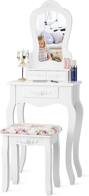 COSTWAY Dressing Table and Stool Set, Wooden Detachable Makeup Vanity Table Set with Mirror and 3 Drawers, Home Bedroom Furniture Cosmetics Dresser Gift for Girls Women (White Table)