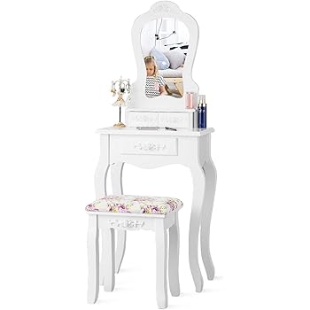 Amazon Com Giantex Vanity Set With 3 Drawers And Cushioned Stool Makeup Dressing Table For Bathroom Bedroom Small Space Vanity Table And Bench For Kids Girls Women Gifts White Furniture Decor