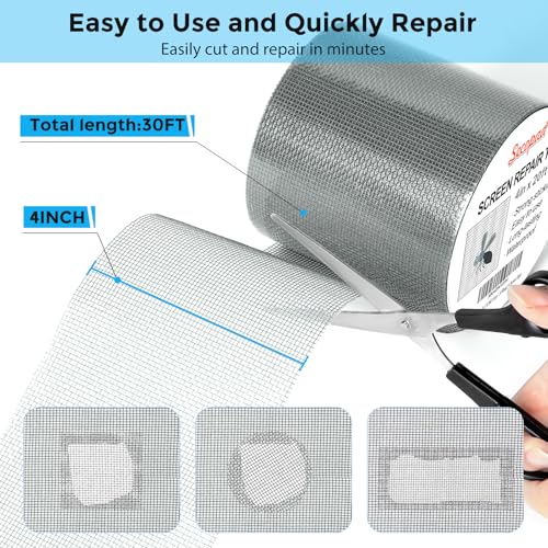 Secopad Grey Window Screen Repair Tape, 4IN X 20FT (240IN) Screen Repair Kit for Windows or Doors, Strong Adhesive Patch Kit Fiberglass Mesh Tape - Thumbnail 2