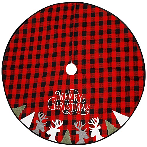 Winemana 48 Inch Christmas Tree Skirt, Double Layers Red Black Buffalo Plaid Mat With Reindeer, Merry Christmas Ornaments For Home Holiday Party Decorations (48 Inch Red) #TOP1