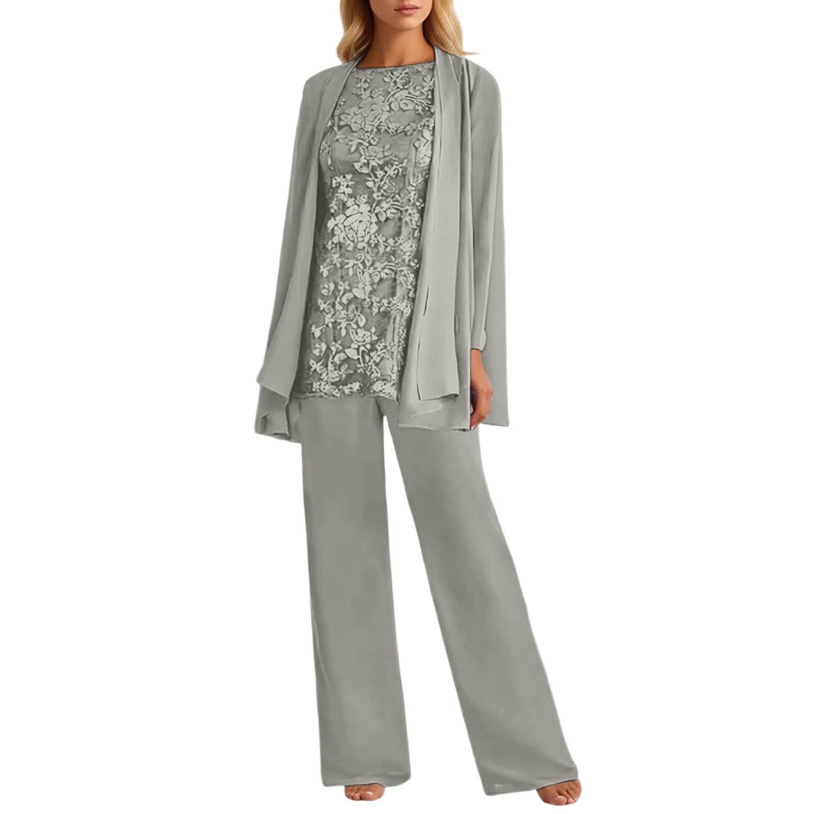 Mother of the Bride Suit Women's Chiffon Trouser Suit Wedding Formal Evening Suit Trousers Jacket and Shirt 3-Piece Festive Plain Leisure Suit Opaque Outfit Plus Size Business Suit, Light Gray, L