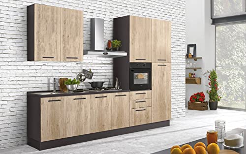 Dafne Italian Design Kitchen complete with appliances (oven, sink, cooker hood) industrial style - cm. 300 x 60 x 240 - cast iron, light oak effect - right fridge