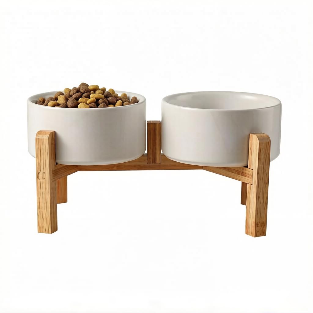 Hundenapf Erhöht, Erhöhter Futternapf Hund, Keramik Hunde Napfset, Futternäpfe Katzennapf mit Holz Ständer für Kleine und Mittelgroße Hunde, 850 ml x 2 (weiß)