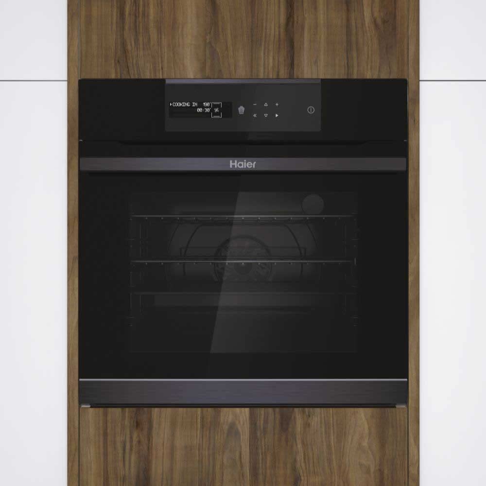 Haier I-Message Serie 4 HWO60SM5B9BH Four pyrolyse - Multi-niveaux, 70L, 9 fonctions, Wi-Fi + BLE, Sonde thermique, Climatech, Double éclairage latéral, Noir, Classe A+