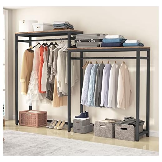 Tribesigns Free Standing Closet Organizer, Clothes Garment Racks with Storage Shelves and Double Hanging Rod,Heavy Duty Metal wardrobe closet Storage Clothing Shelving for Bedroom (Rustic Brown +Black)