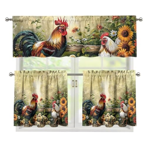 Qehuruxo Chicken Print 3 Piece Kitchen Blackout Curtains Elegant Curtains Tier and Valance Window Curtains Set Curtain Sets with ValanceWindow Valances for Bedroom