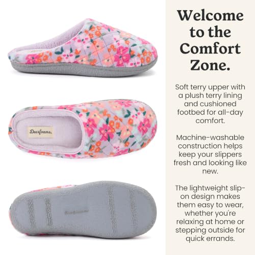 Image of Dearfoams Women's Leslie Quilted Terry Clog, Purple Flowers, L