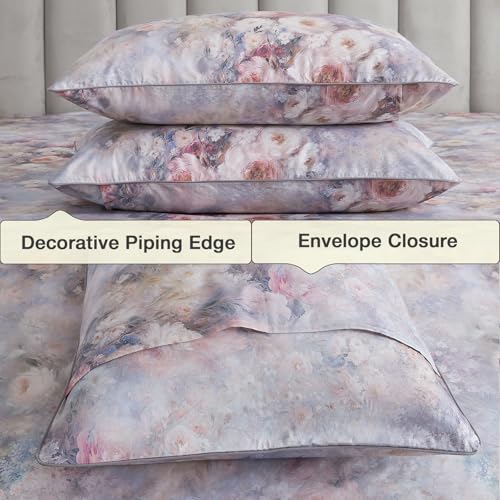 Image of Vintage Floral Percale Sheets, Queen 100% Cotton Shabby Chic Sheet Set, Soft Crisp Purple Flower Bed Sheets, Cozy House Bedding, Deep Pocket Fitted Sheet, White Pink Rose Patterned, 4Pcs