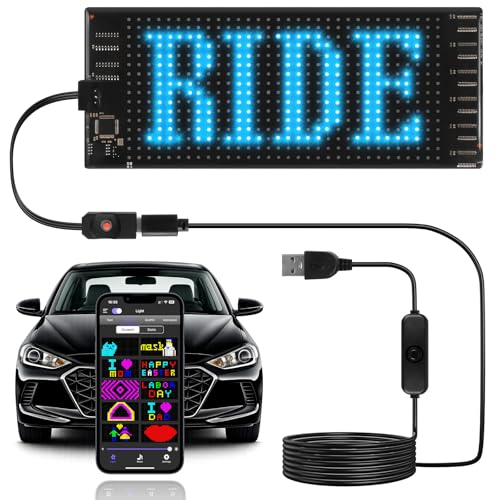 Light Sign for Car 6.7x2.7 Bluetooth APP Control Programmable Flexible RGB LED Matrix Panel Custom Text Pattern Animation Scrolling Display for Car Windshield with Switch Cable